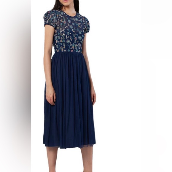 French Connection Diya Fit & Flare Midi Dress Size 12 Navy - Picture 2 of 12